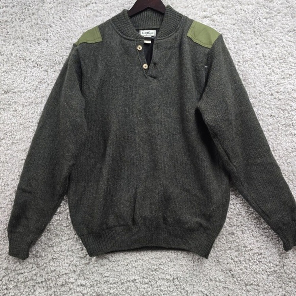 LL Bean Mens Wool Henley Sweater Green Shoulder Patches Size M Vintage Outdoors